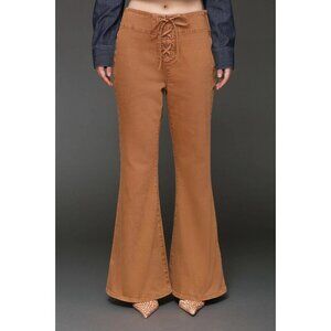 Avec Les Filles Lace Up Washed Cotton Flare Pants Brown Beige 29